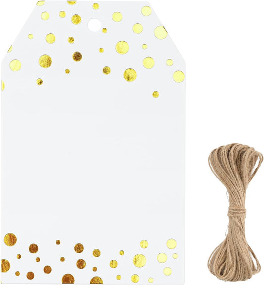 Foil Gold Dots Gift Tags, 50 Pcs White Paper HangTags with String, Metallic Gold Dots Present Tags, V1258-DP02-A-1886