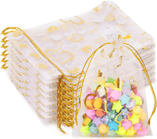 Valentines Gift Bags Organza 4x6in - 50Pcs Heart Organza Bags, Drawstring Sheer Mesh Jewelry Pouches Candy V1258-DP02-A-1888