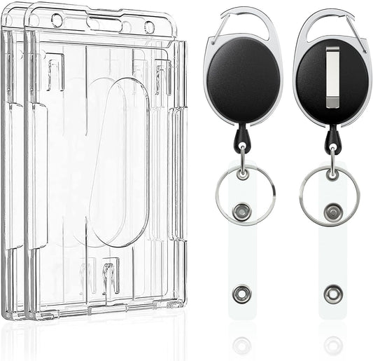 2 Pack Vertical 2-Card Badge Holder with Thumb Slots Hard Transparent PC Case Protector with Retractable V1258-DP02-A-1905