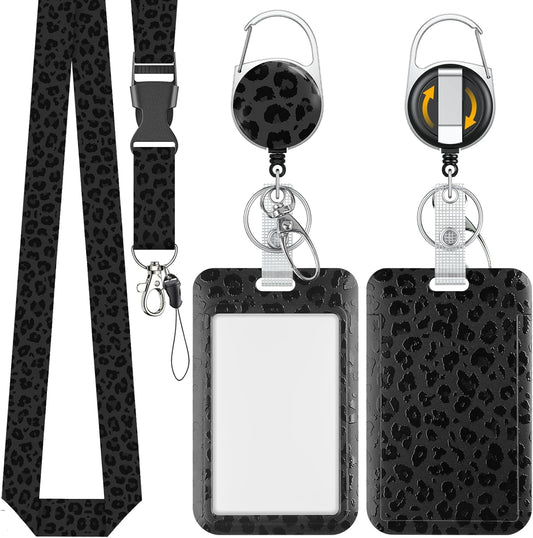 Fashionable Sliding Badge Holder Black Leopard Print Plastic Card Holder with Retractable Badge Reel V1258-DP02-A-1909
