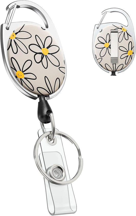 Floral Retractable Badge Reel for Badge Holder White Flower Heavy Duty Retractable Keychain Strong ABS Casing V1258-DP02-A-1921