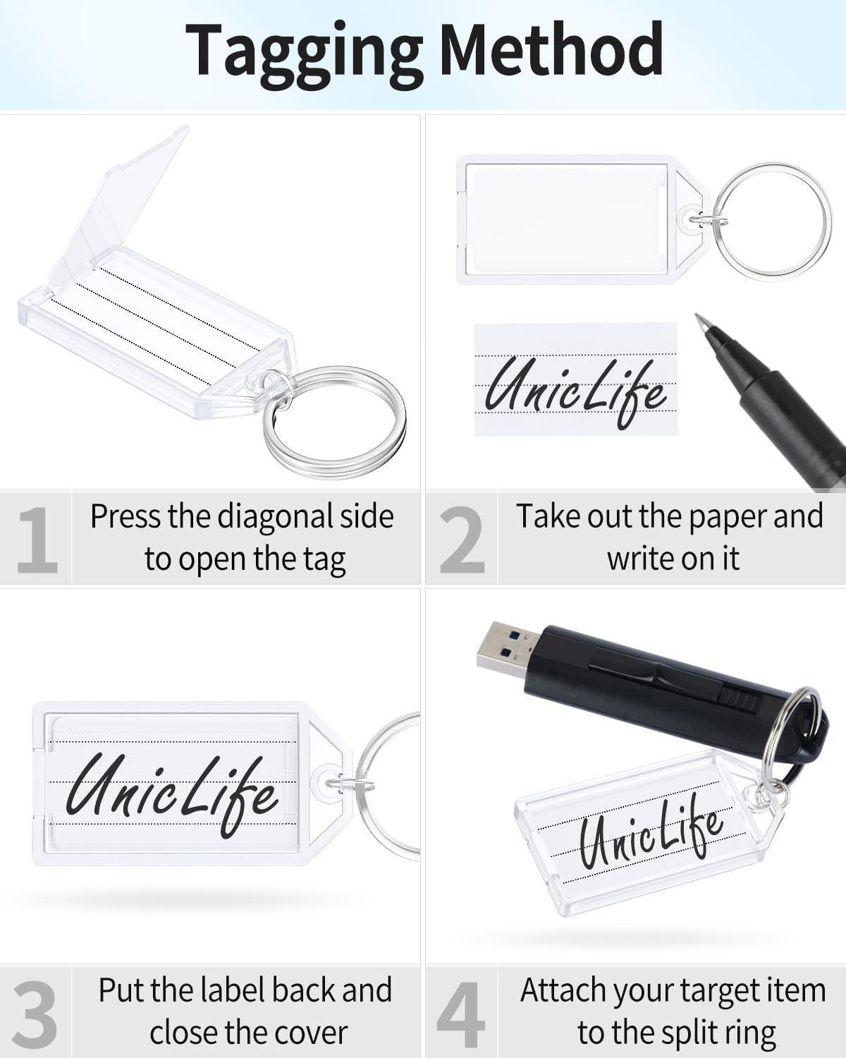 2 Inch Tough Plastic Key Tags White Item Identifiers with Blank Paper Labels Transparent Covers and Split V1258-DP02-A-1923