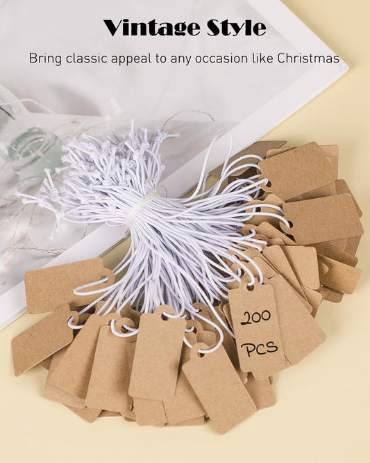 200 Pcs Kraft Price Tags with Elastic String Attached Writable Brown Kraft Paper Tags Hang Tag for Pricing V1258-DP02-A-1929
