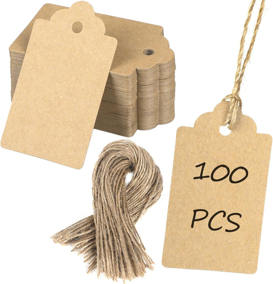 100 Pcs Kraft Paper Tags with String Writable Brown Price Tags with Jute Twine Hang Tag for DIY Crafts V1258-DP02-A-1935
