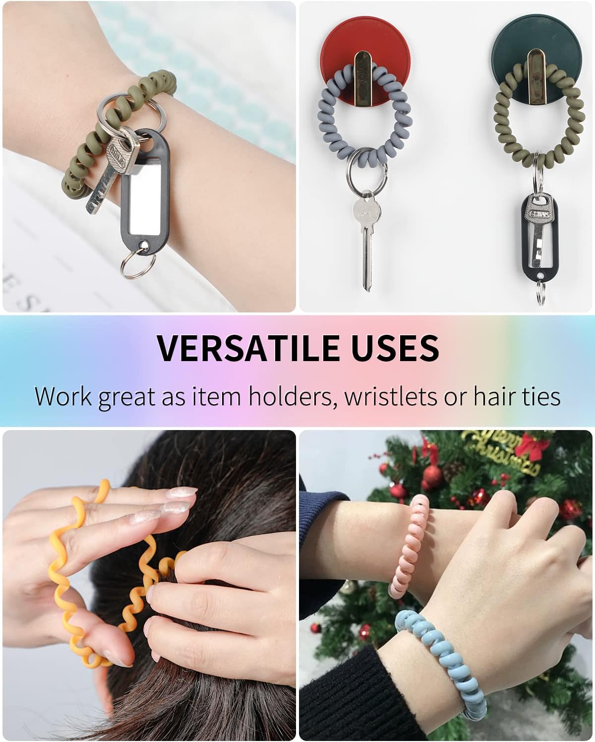Wristlet Keychain Flexible Plastic Spring Spiral Coil Key Holder with Silver Key Ring Chain Holder Tag V1258-DP02-A-1947