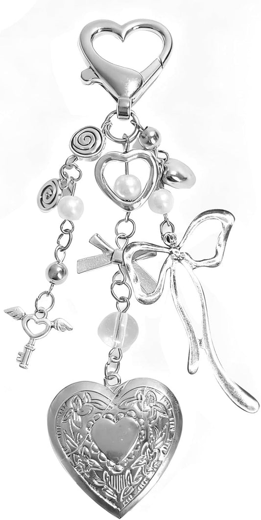 Heart-Shaped Locket Keychain, Silver Bag Charms Decorations Supplies for Women Cute Key Chain Decor, V1258-DP02-A-1950
