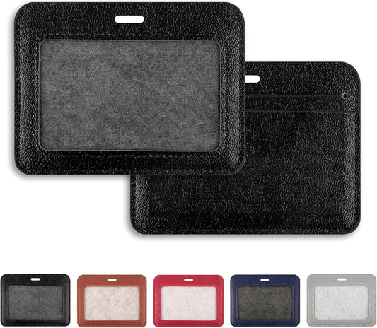 1 Pcs Leather ID Badge Holder - Horizontal, Black, Multiple Card Slots for Offices, Staff, Students, Employees V1258-DP02-A-2003