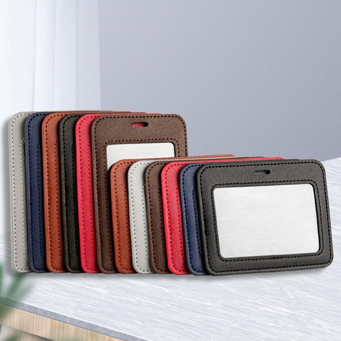 1 Pcs Leather ID Badge Holder - Horizontal, Black, Multiple Card Slots for Offices, Staff, Students, Employees V1258-DP02-A-2003