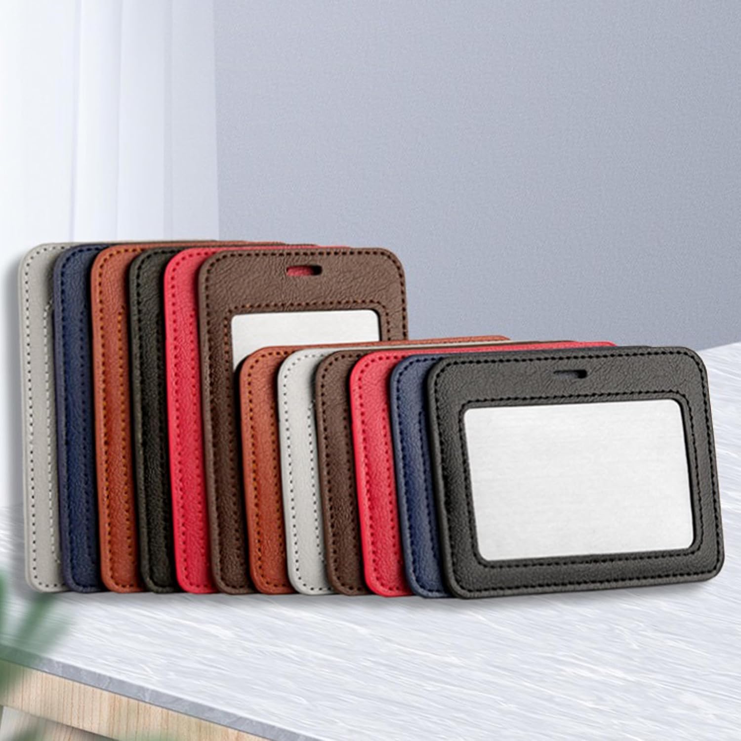 1 Pcs Leather ID Badge Holder - Horizontal, Black, Multiple Card Slots for Offices, Staff, Students, Employees V1258-DP02-A-2003