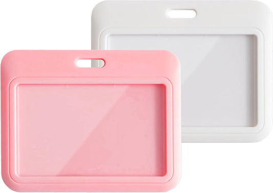 2 Pack ID Badge Holder, White and Pink ID Card Holder, Horizontal Sliding Plastic Key Card Holder for Office, V1258-DP02-A-2004
