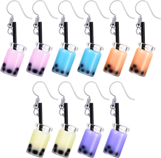 5 Pairs Cute Bubble Tea Dangle Earrings Bubble Milk Tea Drop Earrings Colorful Creative Funny Jewelry for V1258-DP02-A-2036