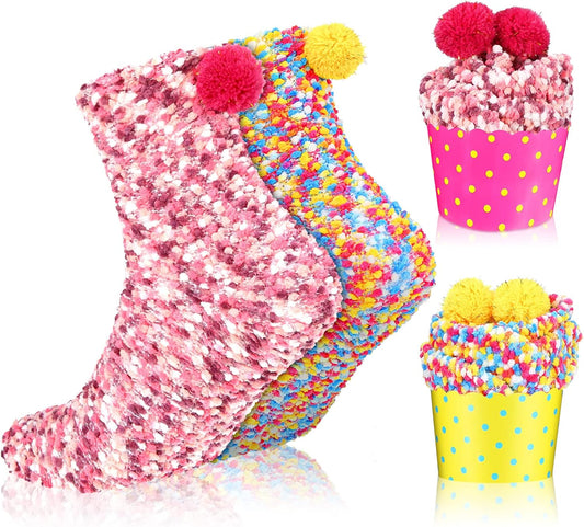 2 Paris Valentine's Day Fuzzy Cupcake Socks DIY Present Colorful Socks for Women Girl Winter Warm Soft Fluffy V1258-DP02-A-2037