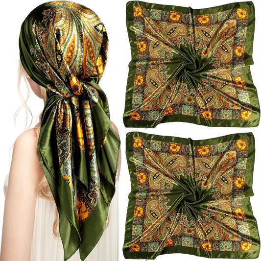 35 Inch Silky Head Scarf 2 Pcs Large Square Neck Scarf Sleeping Hair Wrapping Satin Bandana for Women V1258-DP02-A-2038