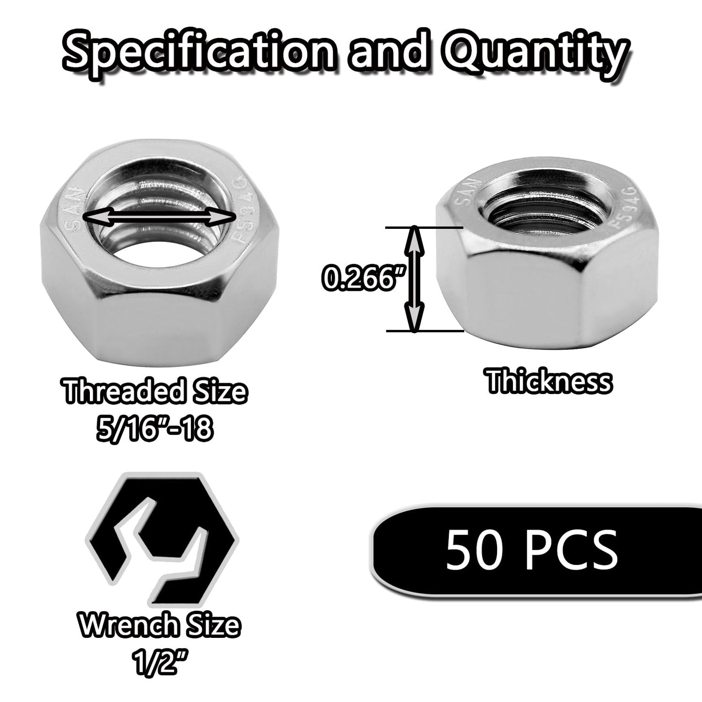 50PCS 5/16"-18 Nuts 18-8 304 (A2-70) Stainless Hardware Nuts Commercial Grade for Boats Dock Car V1258-DP02-A-2044