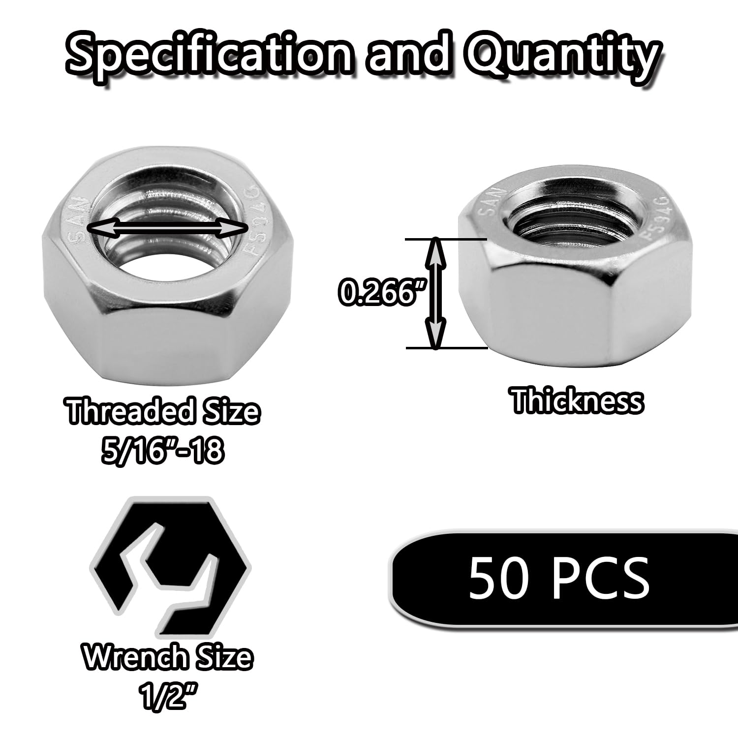50PCS 5/16"-18 Nuts 18-8 304 (A2-70) Stainless Hardware Nuts Commercial Grade for Boats Dock Car V1258-DP02-A-2044
