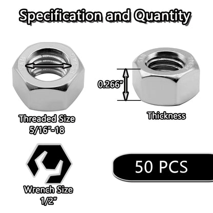 50PCS 5/16"-18 Nuts 18-8 304 (A2-70) Stainless Hardware Nuts Commercial Grade for Boats Dock Car V1258-DP02-A-2044