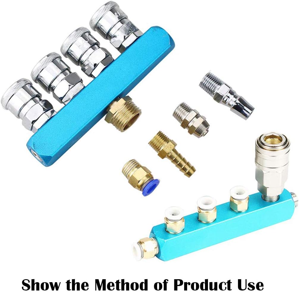 1/4" 2 Way 5 Port Aluminum Air Hose Inline Manifold Block Splitter, Pneumatic Air Compressor Manifold Fitting V1258-DP02-A-2046
