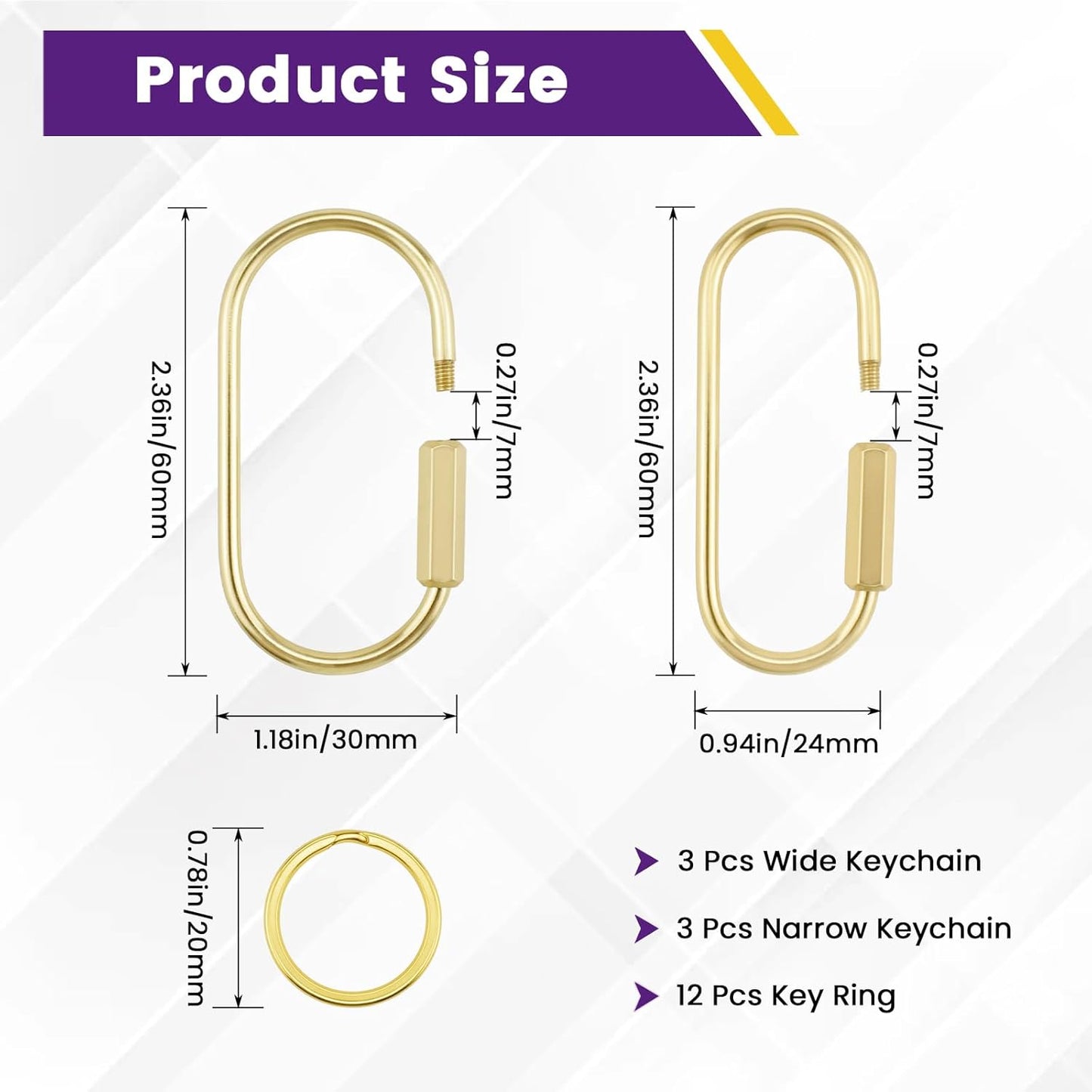 Brass Screw Lock Keychain Holder, 3 Sizes Key Ring Gold Carabiner Clip for Hanging Crafts and Various Keys V1258-DP02-A-2067