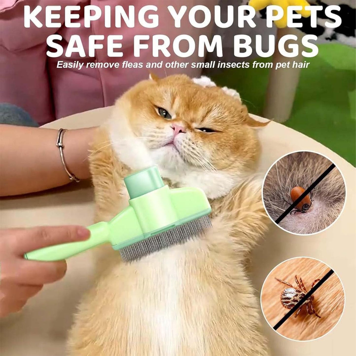 Pet Comb for Cats,Pet Hair Removal Comb Flea Comb with Release Button (Green) V1258-DP02-A-2119