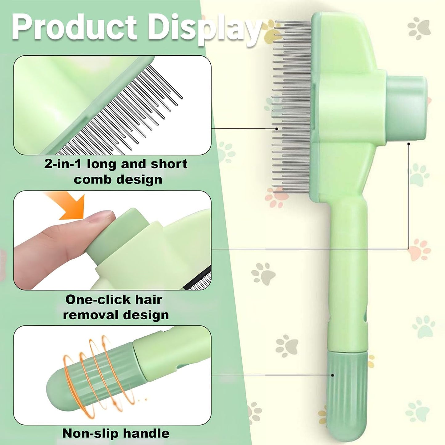 Pet Comb for Cats,Pet Hair Removal Comb Flea Comb with Release Button (Green) V1258-DP02-A-2119