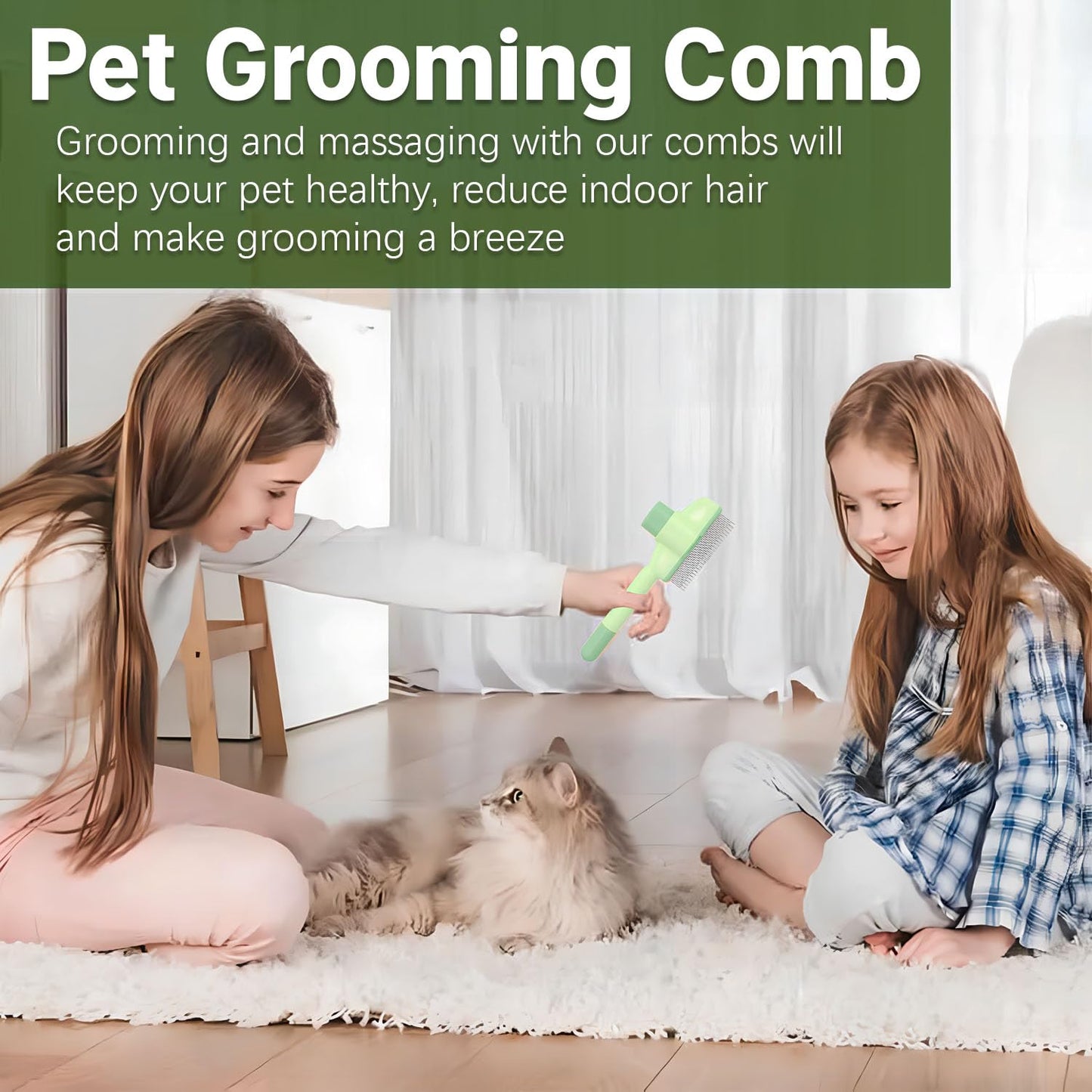Pet Comb for Cats,Pet Hair Removal Comb Flea Comb with Release Button (Green) V1258-DP02-A-2119