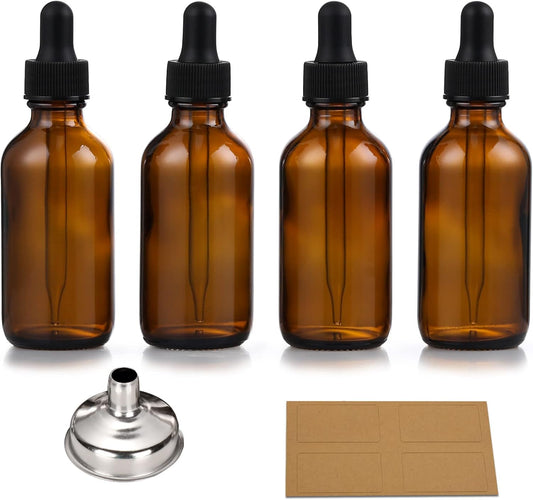 4 Pack, 1 oz Thick Dark Amber Glass Dropper Bottles with 1 Funnels & 4 Labels - 30ml Tincture Bottles with V1258-DP02-A-2135