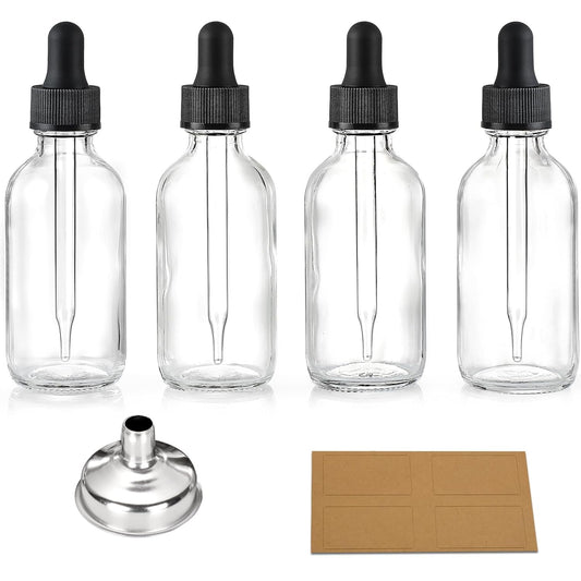 4 Pcs, 2 oz Clear Eye Dropper Bottles with 1 Stainless Steel Funnels & 4 Labels - Black Caps 60ml Thick Glass V1258-DP02-A-2136