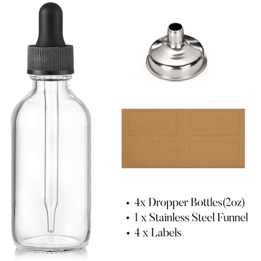 4 Pcs, 2 oz Clear Eye Dropper Bottles with 1 Stainless Steel Funnels & 4 Labels - Black Caps 60ml Thick Glass V1258-DP02-A-2136