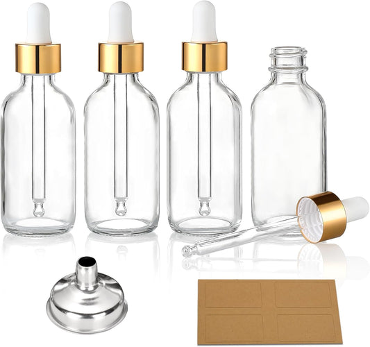 4 Pcs, 1 oz Golden Cap Clear Dropper Bottles (30ml) with 1 Funnel & 4 Labels - Glass Tincture Bottles with V1258-DP02-A-2137