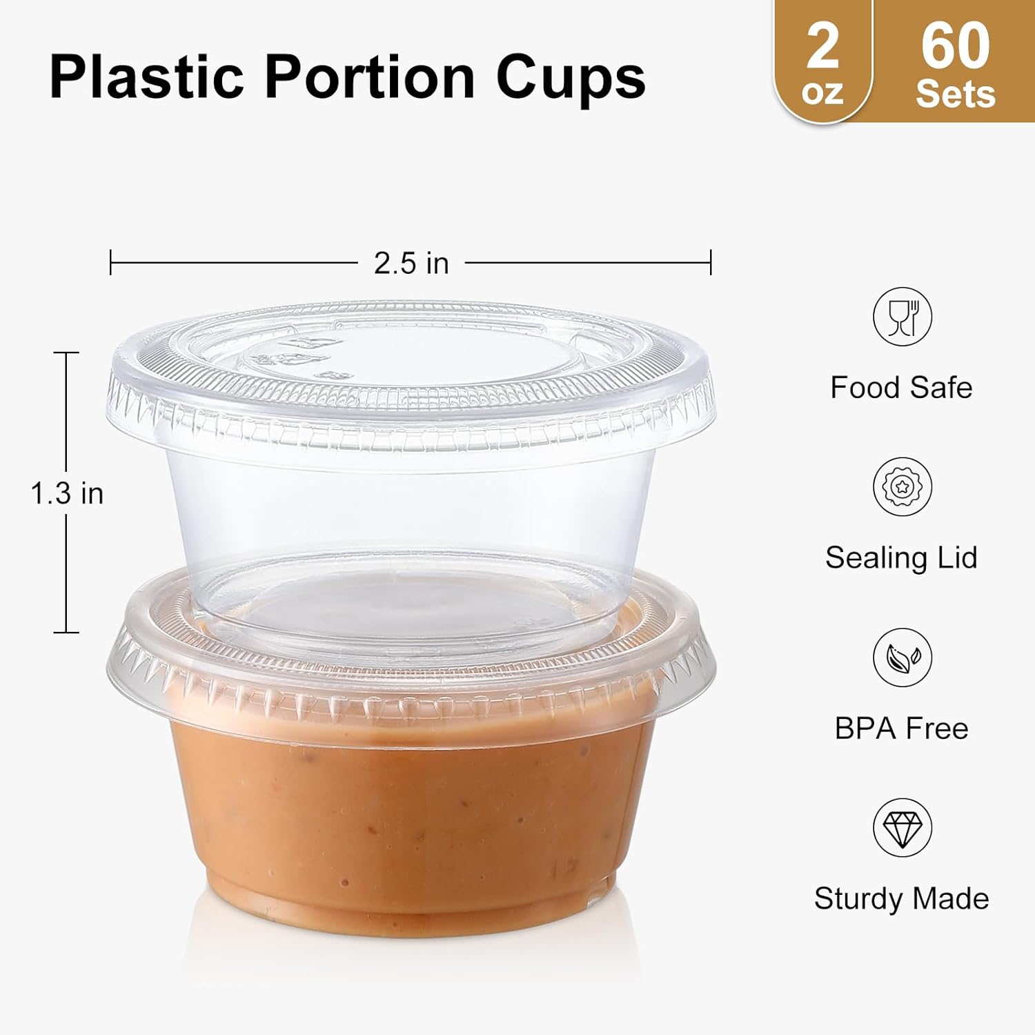 60 Sets - 2 oz Jello Shot Cups, Portion Cups With Lids, Small Plastic Containers with Lids, Airtight and V1258-DP02-A-2139