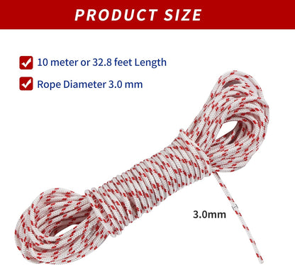 Pull Rope for Small Engine, 3.0mm 10-Meter Lawn Mower Pull Cord with Starter Handles, Recoil Starter Rope Fit V1258-DP02-A-2149