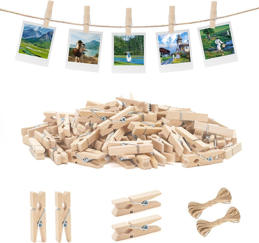 Mini Clothespins with String - 100Pcs Small Wooden Clothes Pins, Natural Brown Photo Hanging Clips, Craft V1258-DP02-A-2152