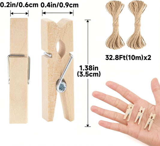 Mini Clothespins with String - 100Pcs Small Wooden Clothes Pins, Natural Brown Photo Hanging Clips, Craft V1258-DP02-A-2152