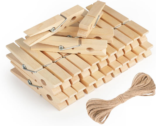 Wooden Clips with String, 50Pcs 2.9Inch Large Clothes Pins, Natural Brown Photo Hanging Clip, Wooden V1258-DP02-A-2153