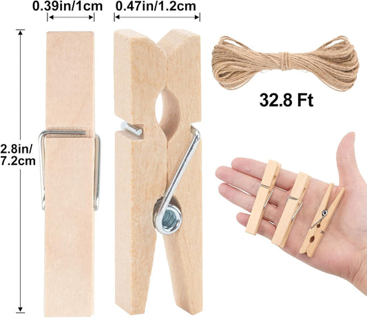 Wooden Clips with String, 50Pcs 2.9Inch Large Clothes Pins, Natural Brown Photo Hanging Clip, Wooden V1258-DP02-A-2153