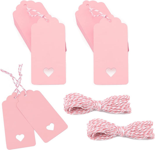 100Pcs Gift Tags with String, Pink Paper Tag with Hollow Heart, 3.7 x 1.7Inch Mother Day Tags, Blank Gift V1258-DP02-A-2155