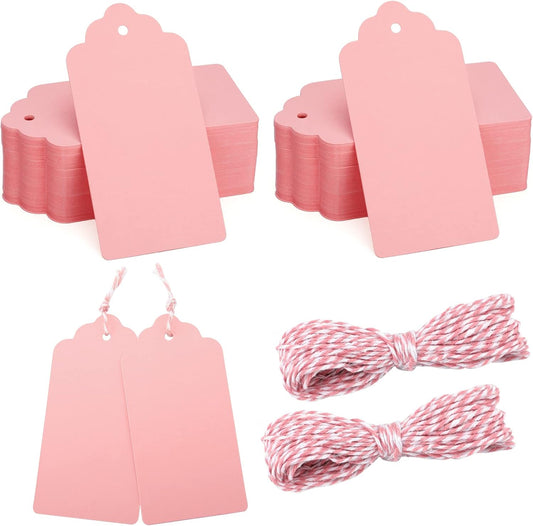 100pcs Blank Paper Gift Tags with String, 4'x 2' Pink Rectangle Craft Hang Labels, Gift Wrap Tags for V1258-DP02-A-2158