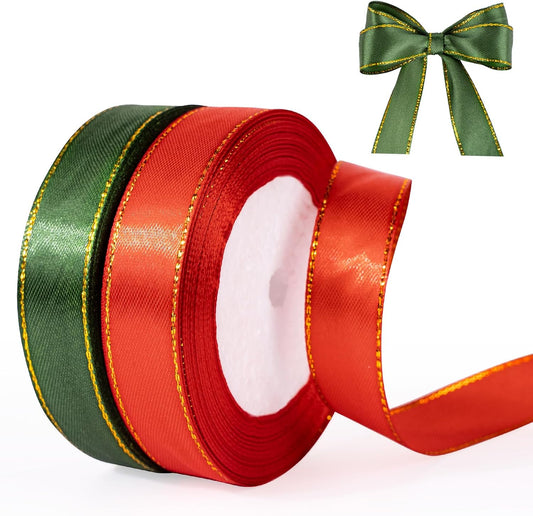 Christmas Ribbon 3/4 Inch x 50 Yards Gift Ribbon, Red and Green Polyester Satin Ribbon with Gold Edge for V1258-DP02-A-2163