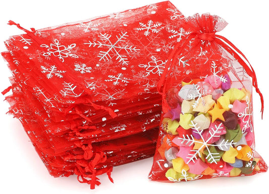 4x6 Inch Christmas Organza Bags - 50Pcs Red Snowflake Gift Bags with Drawstring, Xmas Party Favor Sheer Mesh V1258-DP02-A-2167