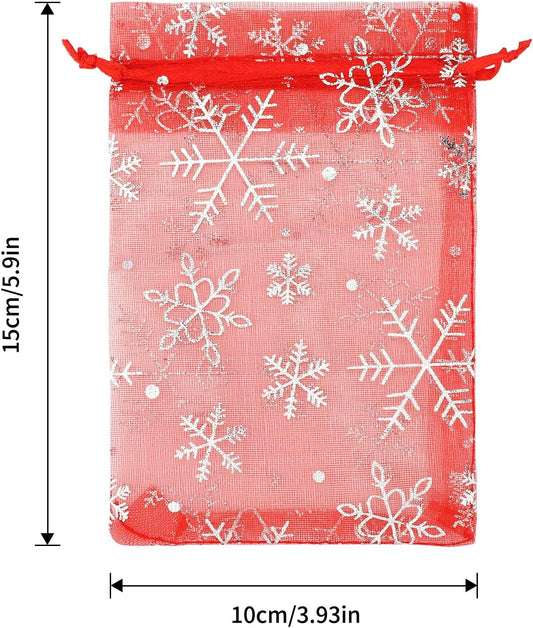 4x6 Inch Christmas Organza Bags - 50Pcs Red Snowflake Gift Bags with Drawstring, Xmas Party Favor Sheer Mesh V1258-DP02-A-2167