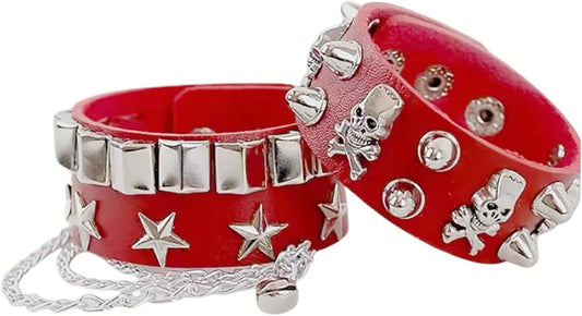 2-Piece Punk Rock Bracelet Set Studded Leather Cuff Bracelets with Metal Skull Adjustable Wrap Wrist Cuffs V1258-DP02-A-2174