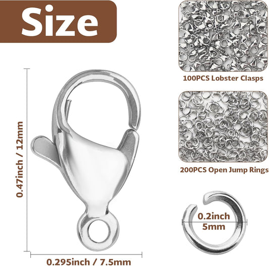 300pcs Stainless Steel Lobster Claw Clasps for Necklace/Bracelet Jewelry Making, 12mmx6mm Jewelry Clasps and V1258-DP02-A-2178