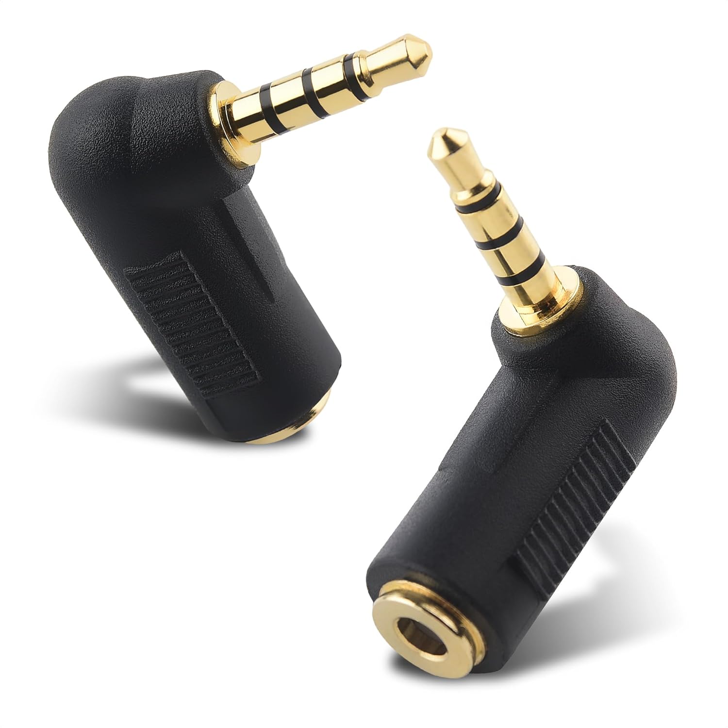 2-Pack TRRS Right Angle 3.5mm Adapter in Black (3.5mm Right Angle Adapter, 90 Degree Audio Converter) V1258-DP02-A-2183