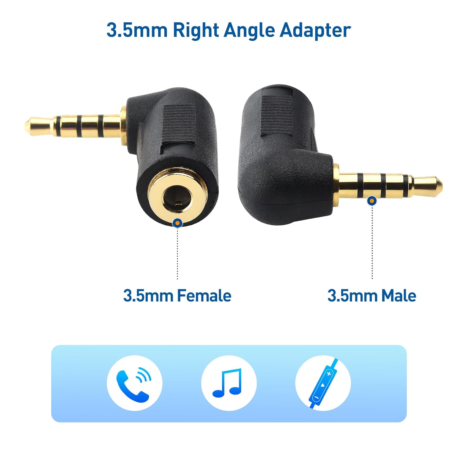 2-Pack TRRS Right Angle 3.5mm Adapter in Black (3.5mm Right Angle Adapter, 90 Degree Audio Converter) V1258-DP02-A-2183
