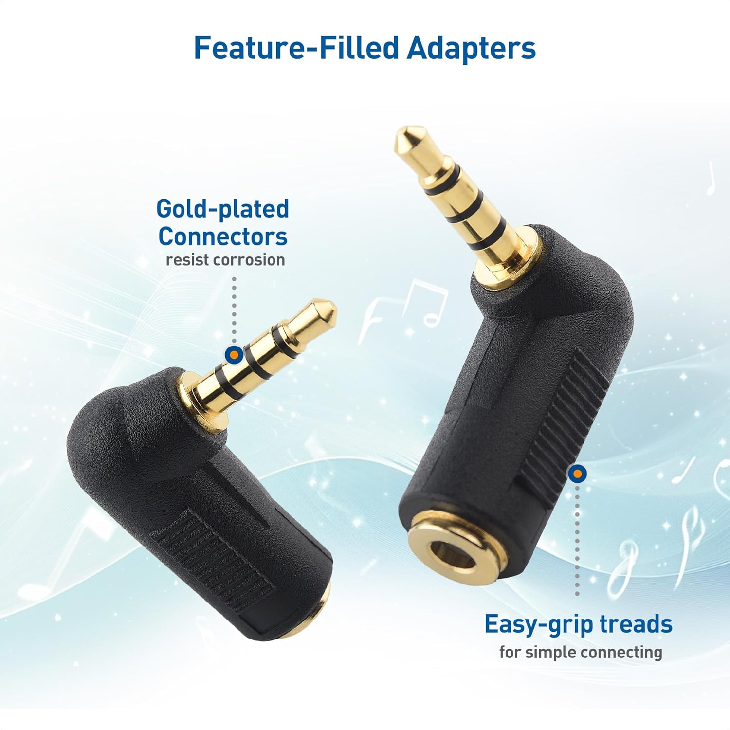 2-Pack TRRS Right Angle 3.5mm Adapter in Black (3.5mm Right Angle Adapter, 90 Degree Audio Converter) V1258-DP02-A-2183