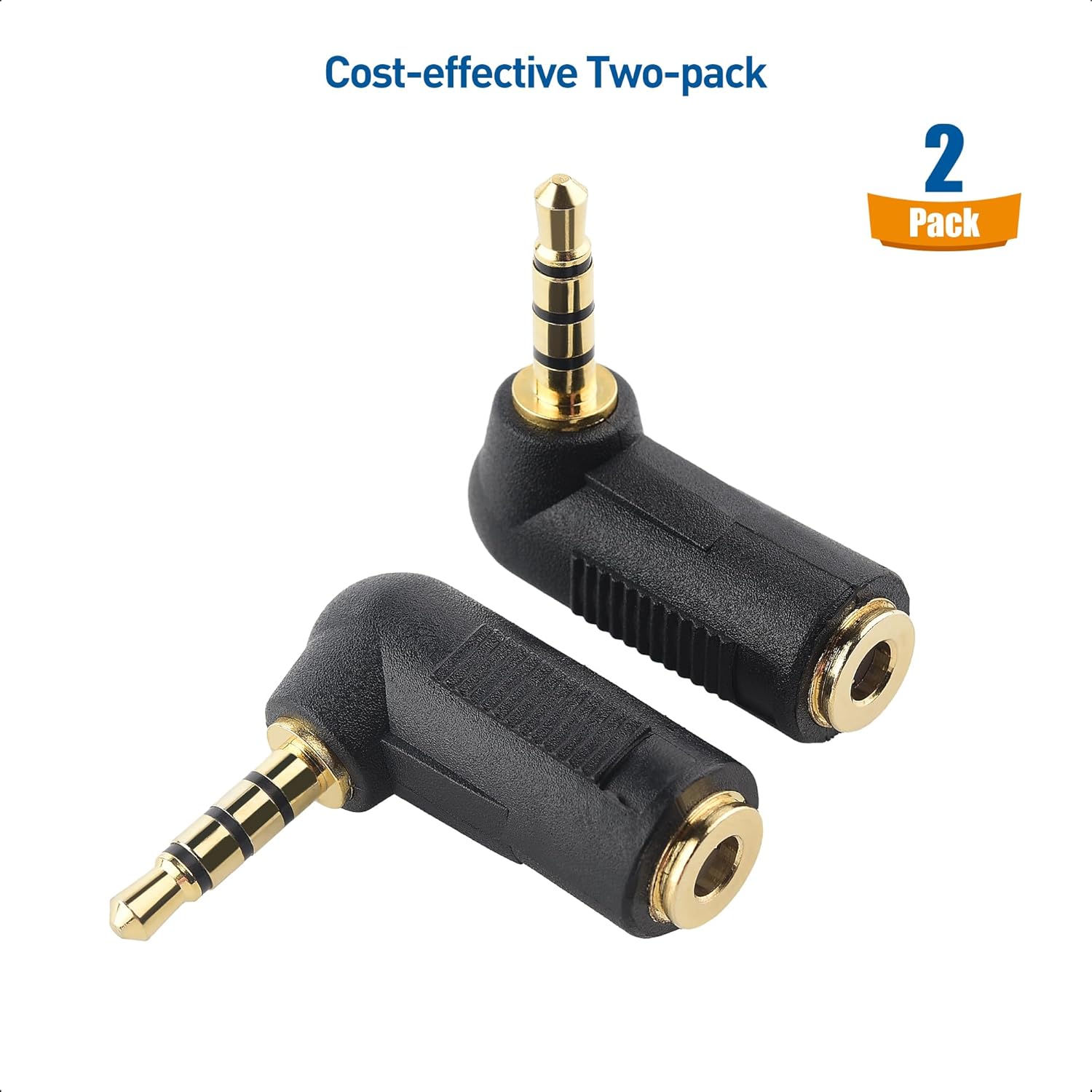 2-Pack TRRS Right Angle 3.5mm Adapter in Black (3.5mm Right Angle Adapter, 90 Degree Audio Converter) V1258-DP02-A-2183