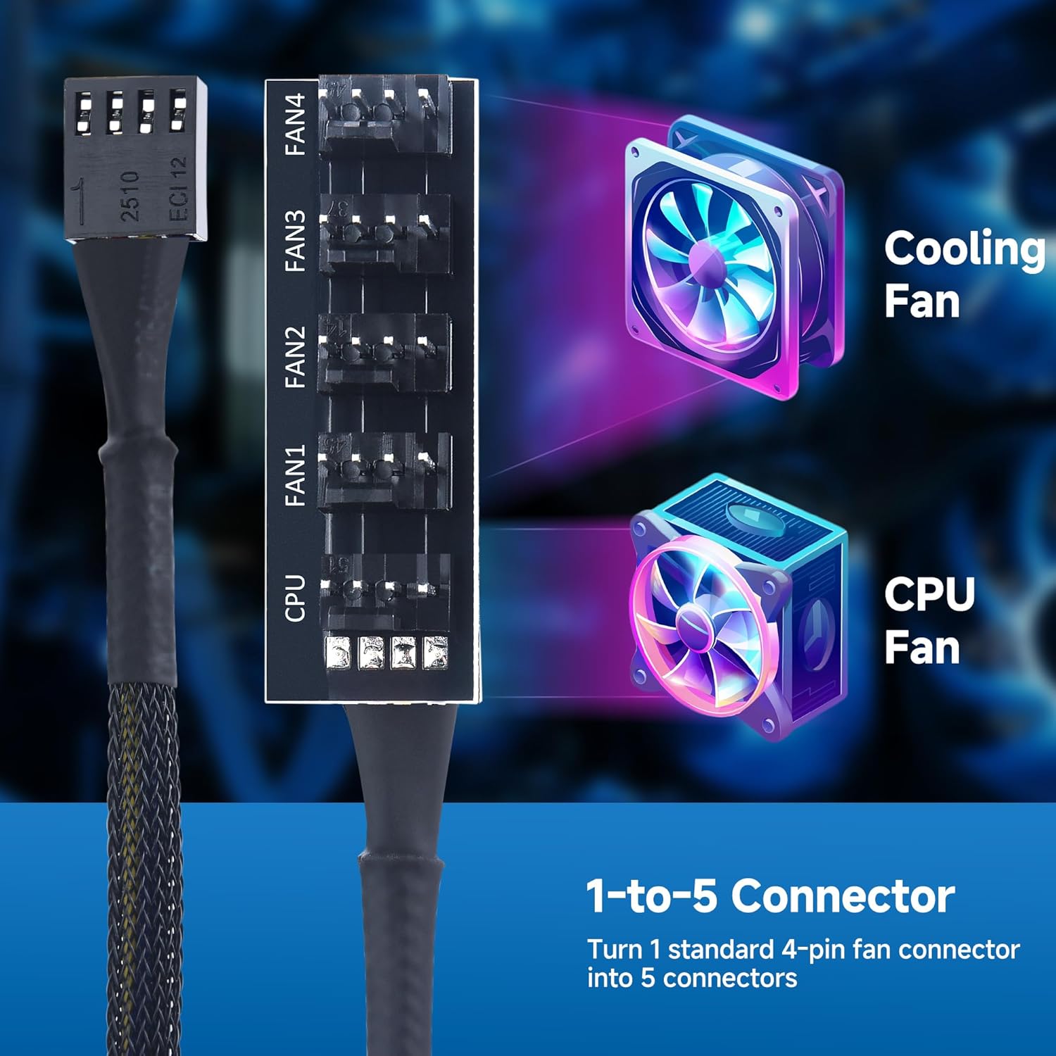 PC Case PWM Fan Hub, PC Fan Hub, 1-to-5 Way PWM Splitter with 16-Inch Cable V1258-DP02-A-2184
