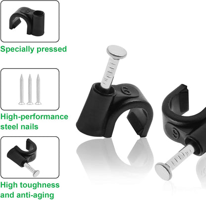 100pcs 1/4" / 6mm Half Clamp J-Hook with Nail, Nail in Cable Clips Ethernet Cable Nails Tacks Clips, Black V1258-DP02-A-2219