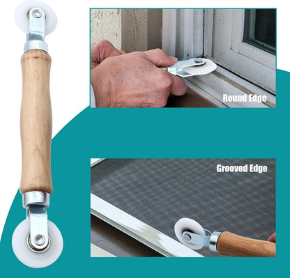 3 Pcs Window Door Screen Repair Kit, Screen Spline Roller Tool with Wooden Handle & Nylon Bearing Wheels and V1258-DP02-A-2225