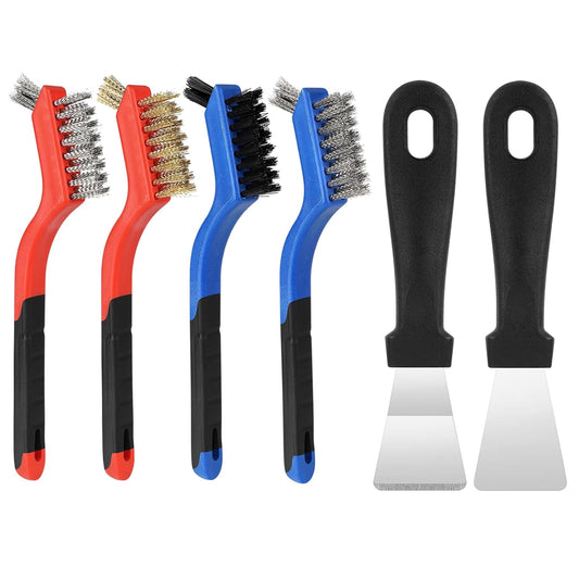 Wire Brush with Scraper Cleaner, Multi-Purpose Stainless Steel/Brass/Nylon Bristle with Curved Handle Grip V1258-DP02-A-223